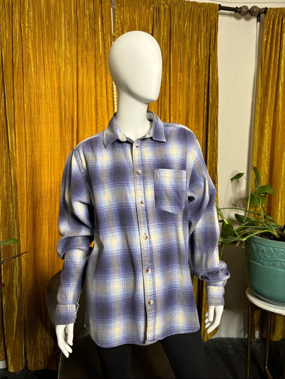 BDG Purple and Cream Plaid Button-Up Shirt